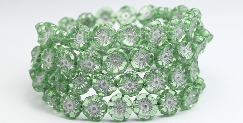 ハワイの花の押しガラスビーズ、透明グリーン、シルバーライン(50800-54201)、ガラス、チェコ共和国