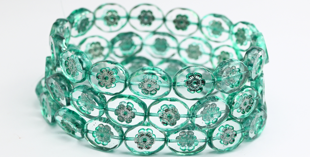 テーブルカットオーバルビーズ(花付き)、クリスタル 34319 (00030-34319)、ガラス、チェコ共和国