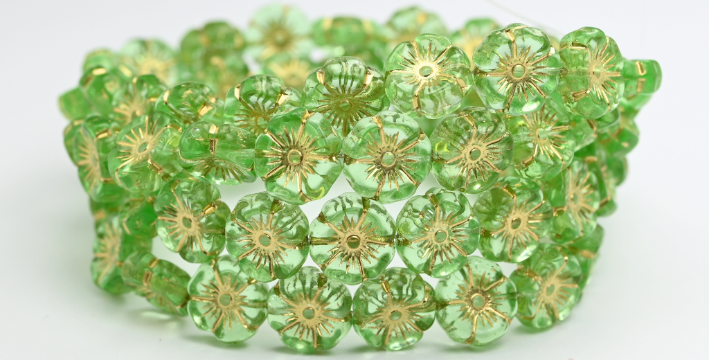 夏威夷花压制玻璃珠,透明绿色金线 (50800-54202),玻璃,捷克共和国