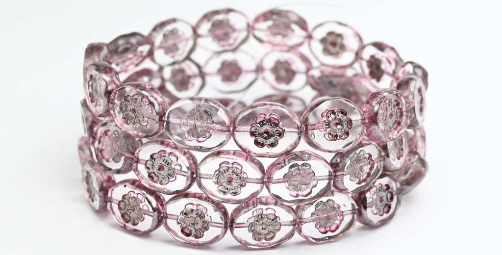 テーブルカットオーバルビーズ(花付き)、クリスタルライトフクシアピンク(00030-34306)、ガラス、チェコ共和国