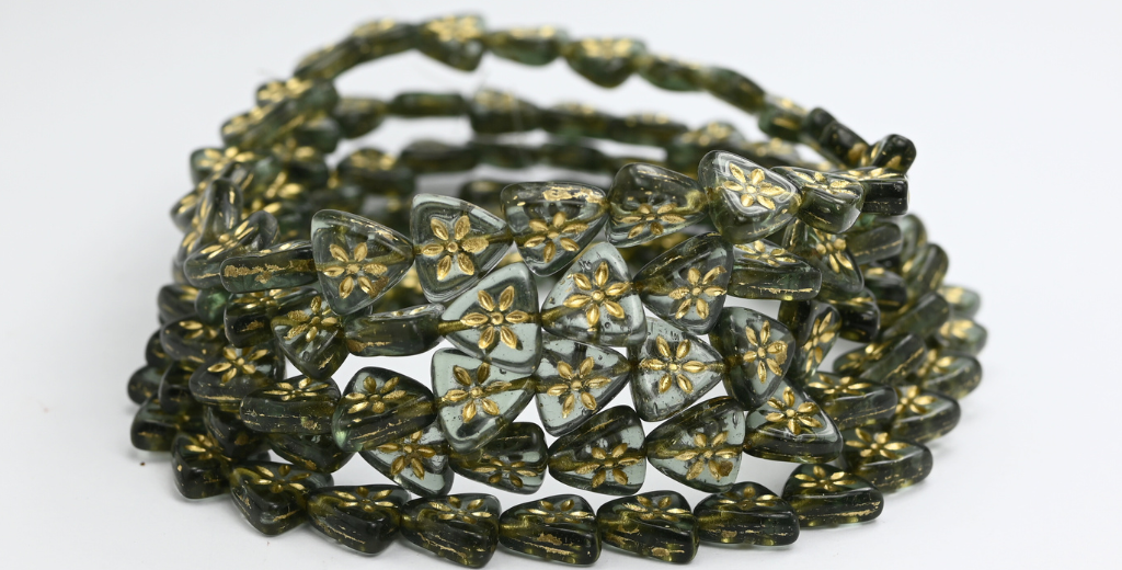 三角形扁平花形压制玻璃珠,透明深蓝色金色内衬 (30320-54202),玻璃,捷克共和国