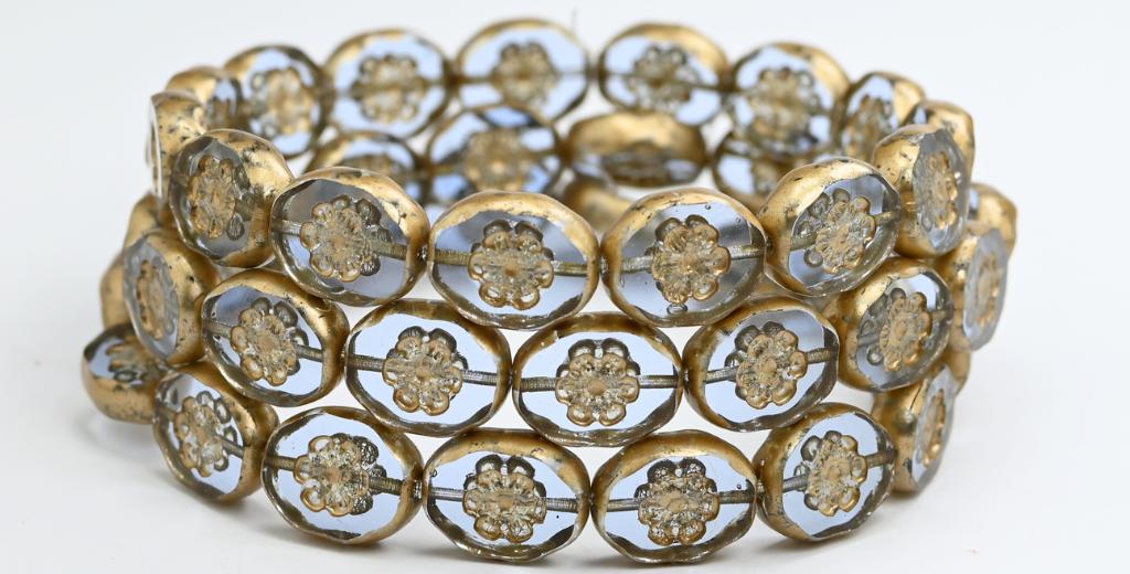 带浮雕女士脸的椭圆形桌切珠,透明蓝金溅射 (1411-30020-86720),玻璃,捷克共和国