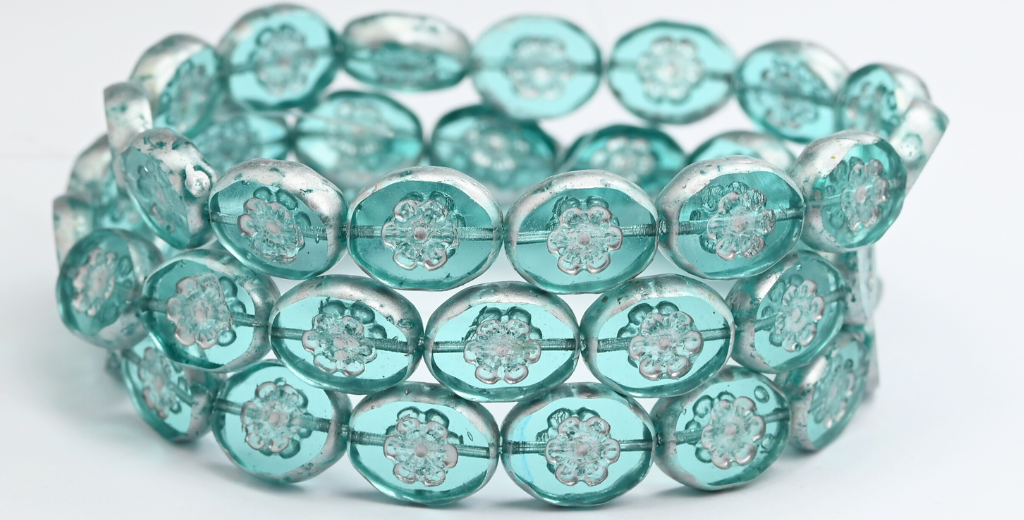 Table Cut Oval Beads With Flower, Transparent Aqua Silver Splash (60110-86700), Glass, Czech Republic