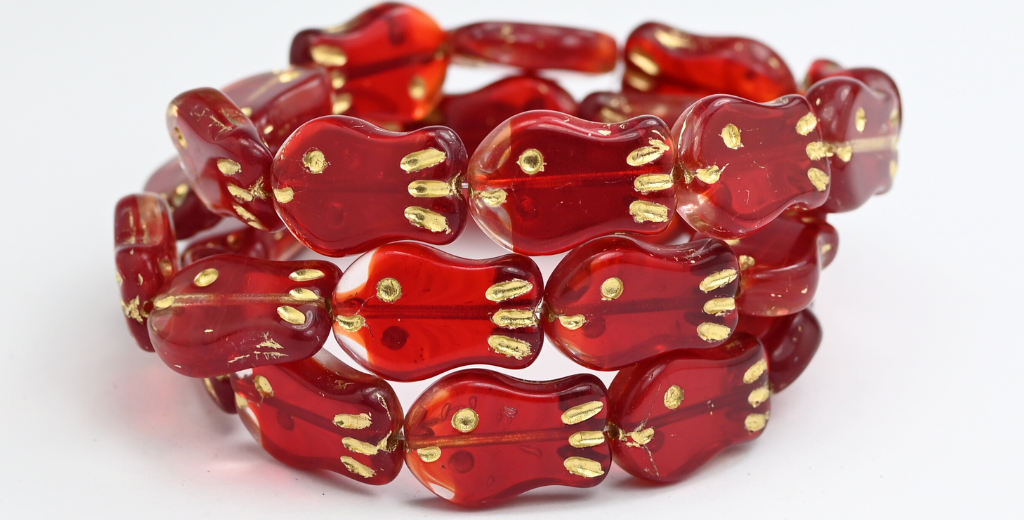 シンプルな魚のプレスガラスビーズ、クリスタルレッド透明ゴールドライン(0003090080-54202)、ガラス、チェコ共和国