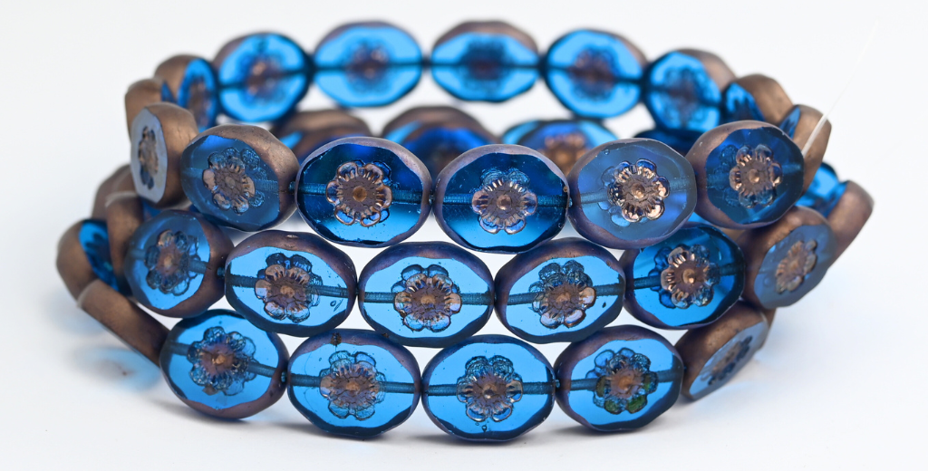 テーブルカットオーバルビーズ、カメオの女性の顔、透明アクアブロンズマット(60050-14415M)、ガラス、チェコ共和国