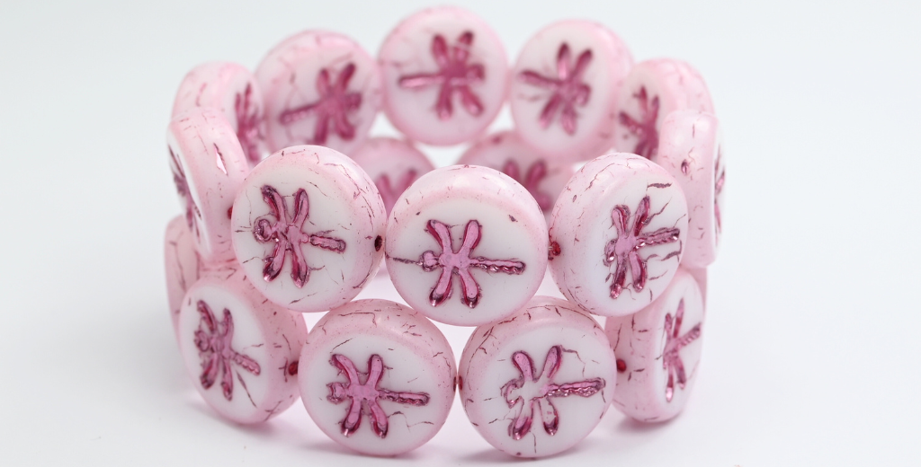 圆形扁平蜻蜓压制玻璃珠,白色粉红色内衬 (02010-54321),玻璃,捷克共和国