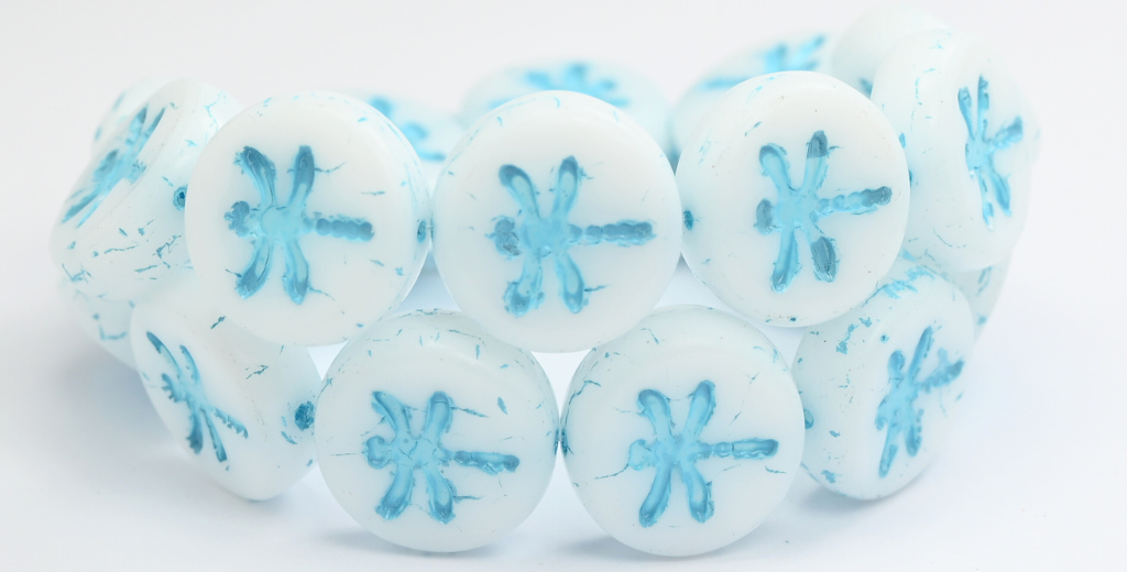 圆形扁平蜻蜓压制玻璃珠,白色浅蓝色内衬 (02010-54308),玻璃,捷克共和国