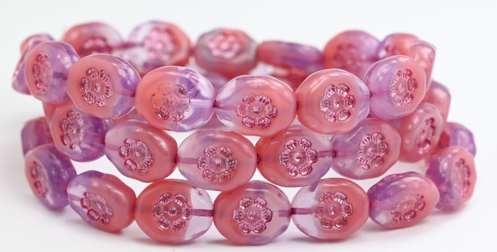 オーバル型押しガラスビーズ(花付き)、オパールピンク 22310(71010-22310)、ガラス、チェコ共和国