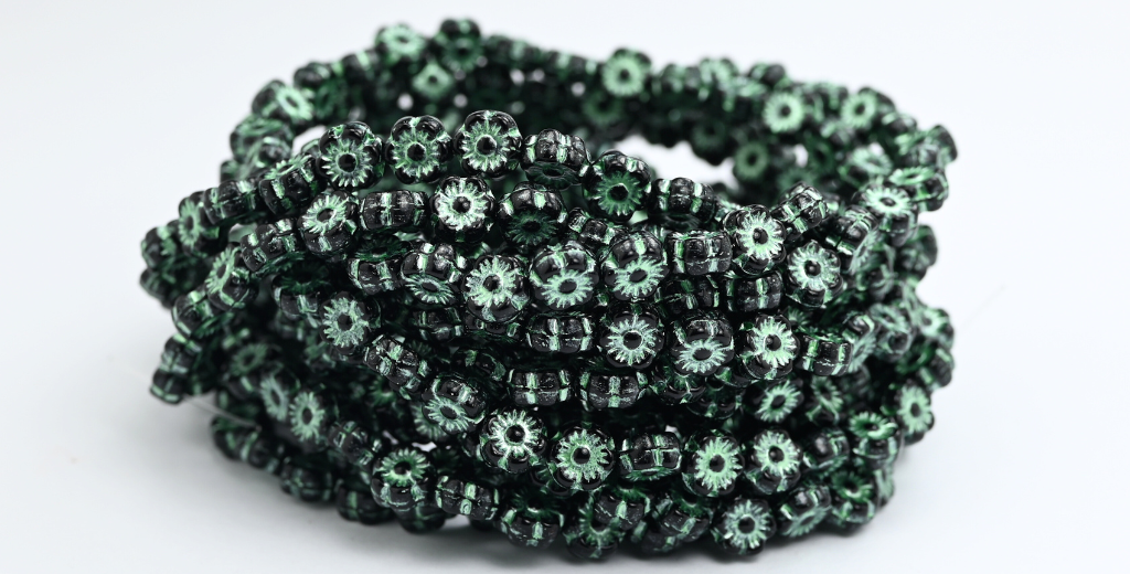 ハワイアンフラワー プレスガラスビーズ、ブラックグリーンライン(23980-54322)、ガラス、チェコ共和国