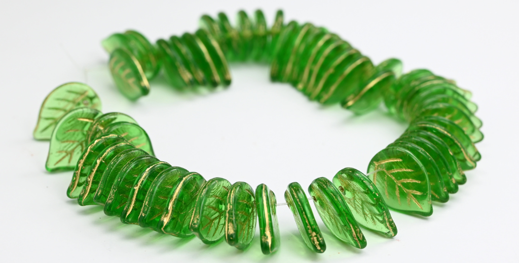 Leaf Pressed Glass Beads, Emerald Green Gold Lined (50120-54202), Glass, Czech Republic