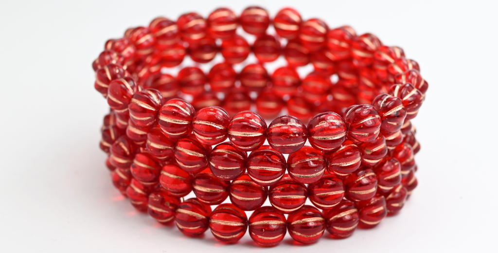 メロンラウンドプレスガラスビーズ(ストライプ入り)、ルビーレッド銅線入り(90080-54200)、ガラス、チェコ共和国