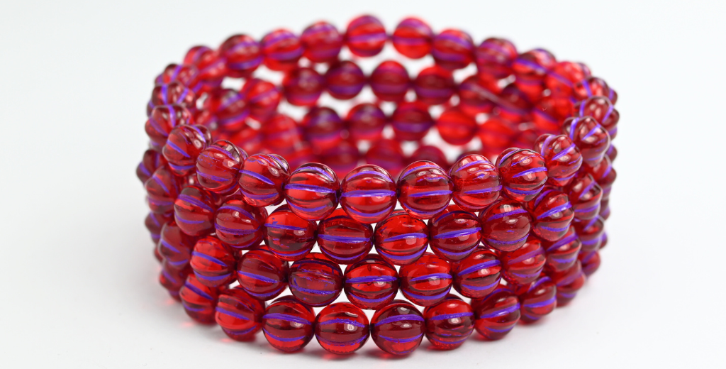 Melon Round Pressed Glass Beads With Stripes, Ruby Red Purple Lined (90080-46420), Glass, Czech Republic