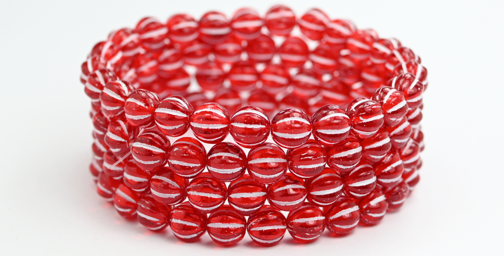 メロン丸型プレスガラスビーズ(ストライプ入り)、ルビーレッド、ホワイトライン入り(90080-46401)、ガラス、チェコ共和国