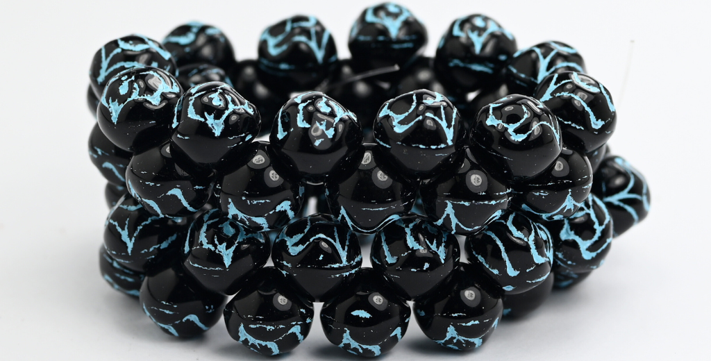 丸型プレスガラスビーズ(バラ柄)、ブラックライトブルーライン入り(23980-54308)、ガラス、チェコ共和国