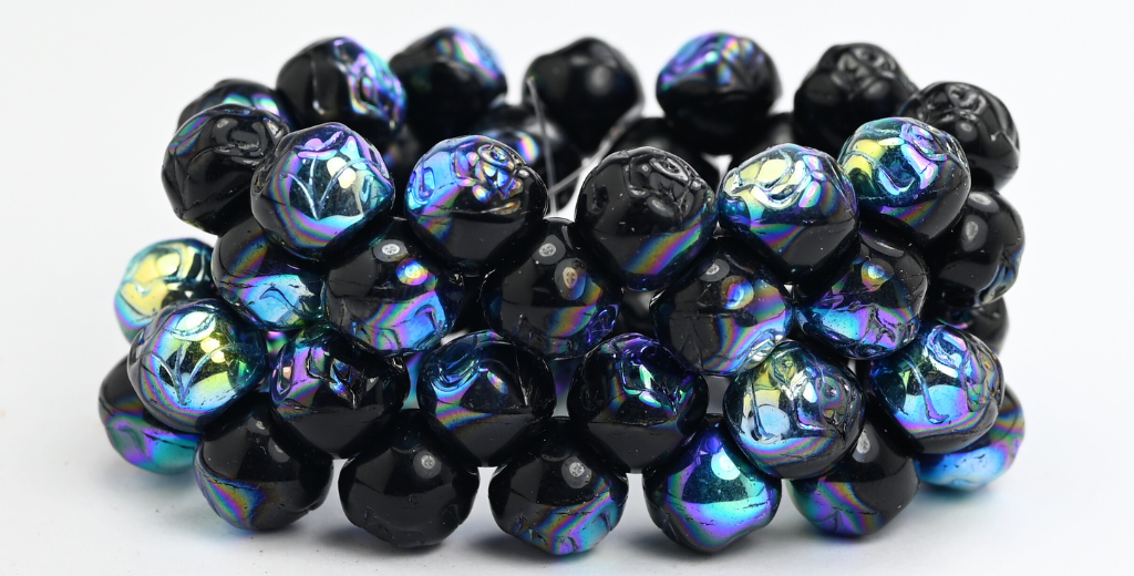 Round Pressed Glass Beads With Rose, Black Ab (23980-AB), Glass, Czech Republic