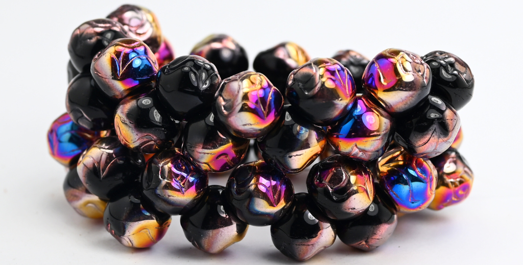 Round Pressed Glass Beads With Rose, Black Sliperit (23980-29500), Glass, Czech Republic