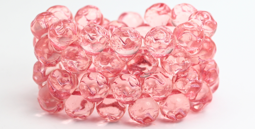 ローズ柄丸型プレスガラスビーズ、透明ピンクライン入り(70120-54321)、ガラス、チェコ共和国