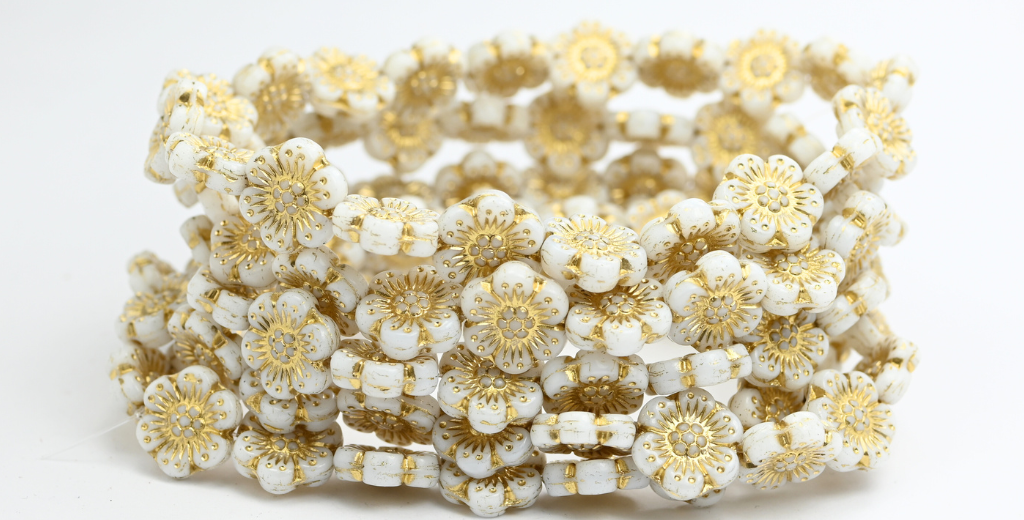 Flower Pressed Glass Beads, Chalk White Gold Lined (03000-54202), Glass, Czech Republic
