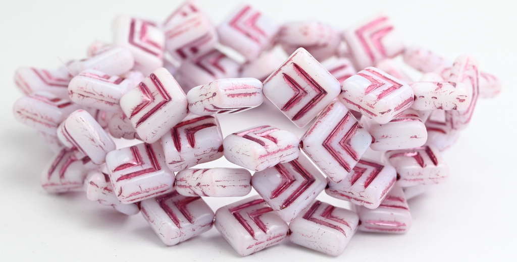 Rhombus Pressed Glass Beads, White Pink Lined (02010-54321), Glass, Czech Republic