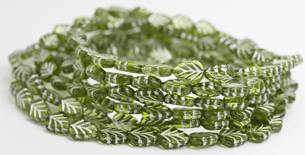 紫丁香叶压制玻璃珠,透明绿色银衬里(50200-54201),玻璃,捷克共和国