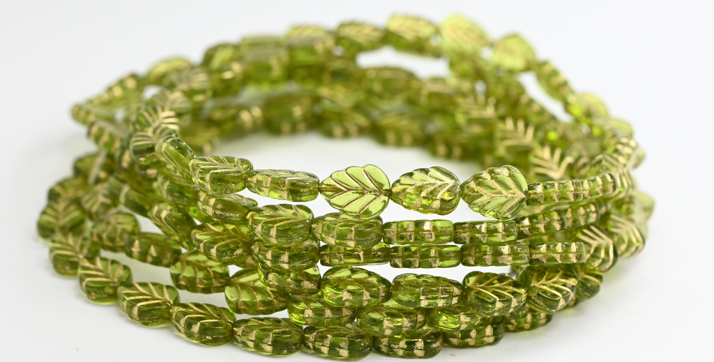 紫丁香叶压制玻璃珠,透明绿色金色内衬(50200-54202),玻璃,捷克共和国