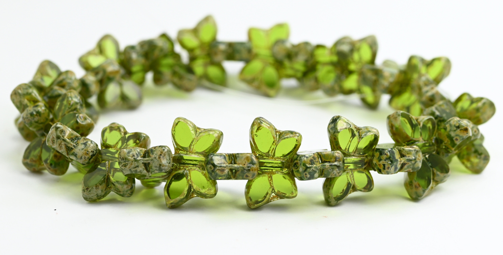 Table Cut Butterfly Beads, Transparent Green Travertin (50220-86800), Glass, Czech Republic