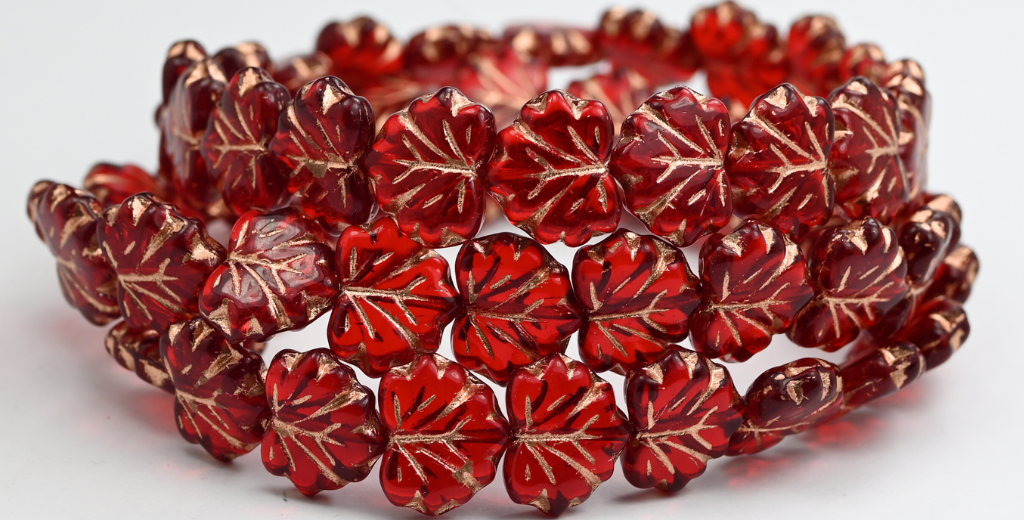 メープルリーフビーズ、ルビーレッド銅線(90080-54200)、ガラス、チェコ共和国