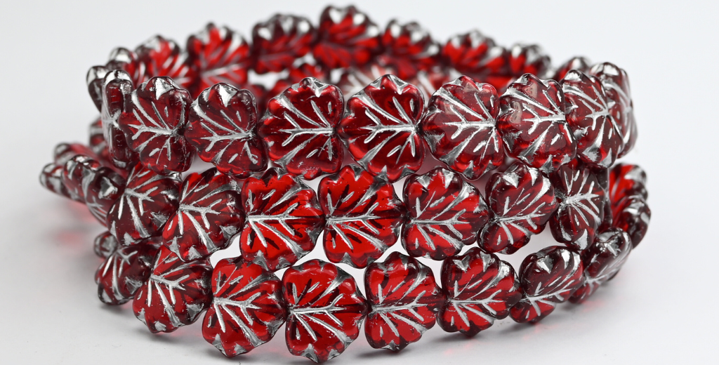 10克枫叶珠,13 x 11毫米,红宝石色银边(90080-54201),玻璃,捷克共和国