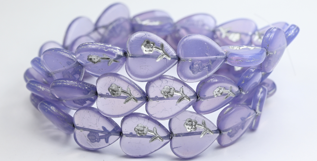 ハート型押しガラスビーズ(花付き)、オパールアメジストシルバーライン(21310-54201)、ガラス、チェコ共和国