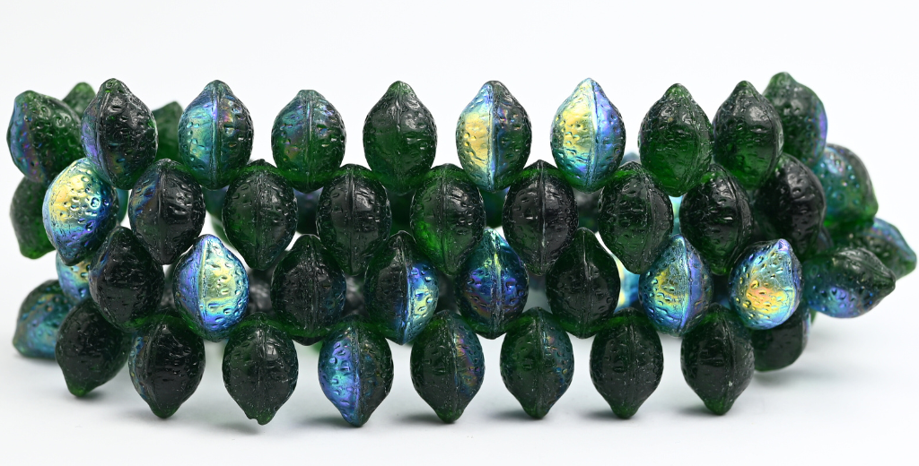 Lemon Friut Pressed Glass Beads, Transparent Green Emerald Ab (50150-AB), Glass, Czech Republic ~ STRANDED