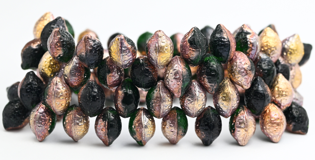 Lemon Friut Pressed Glass Beads, Transparent Green Emerald Rose Gold Capri (50150-27101), Glass, Czech Republic ~ STRANDED