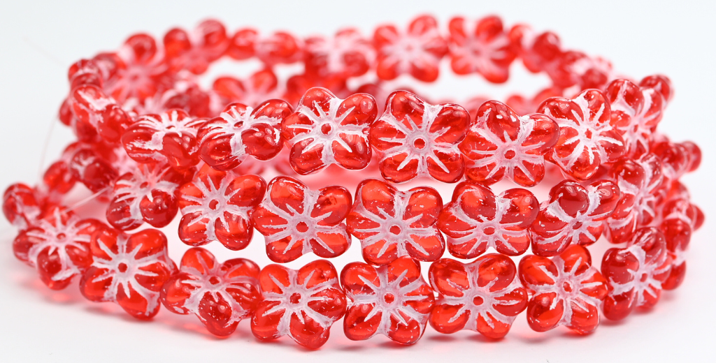 フラワープレスガラスビーズ、ルビーレッドホワイトライン(90080-46401)、ガラス、チェコ共和国