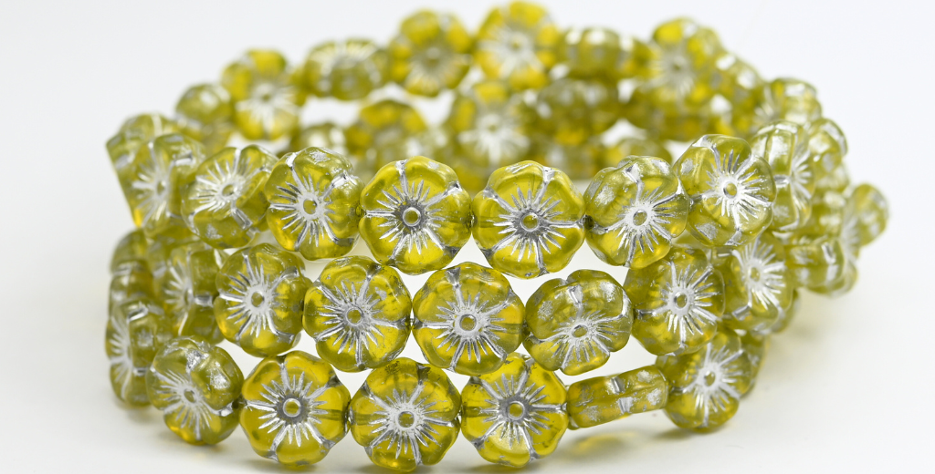ハワイの花の押しガラスビーズ、透明イエローシルバーライン(80020-54201)、ガラス、チェコ共和国