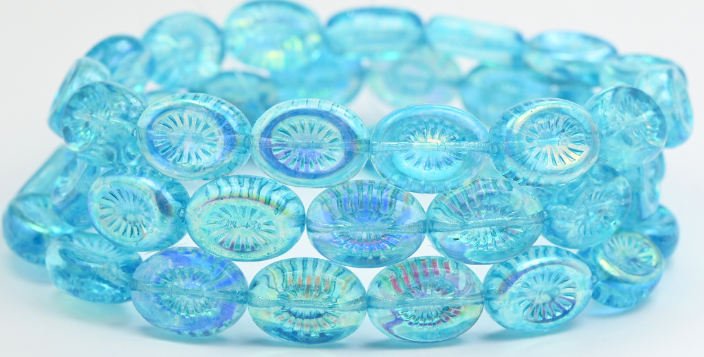 椭圆形猕猴桃压制玻璃珠,水晶浅水蓝色 Ab (00030-34308-AB),玻璃,捷克共和国