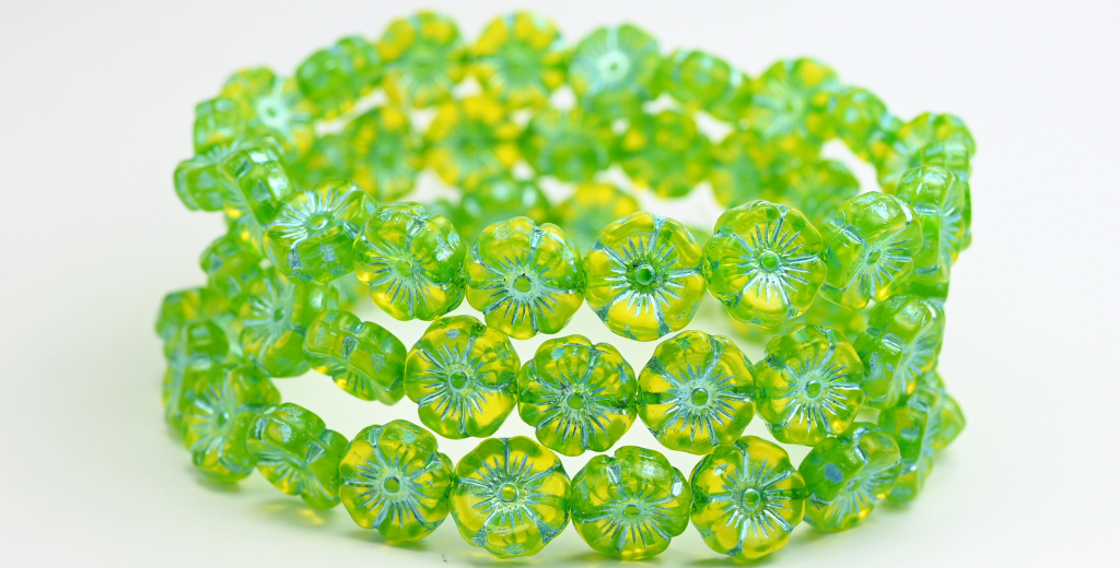 ハワイの花の押しガラスビーズ、透明イエローブルーライン(80020-54323)、ガラス、チェコ共和国~STRANDED