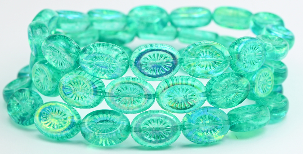 オーバルキウイプレスガラスビーズ、クリスタルライトターコイズAB(00030-34309-AB)、ガラス、チェコ共和国