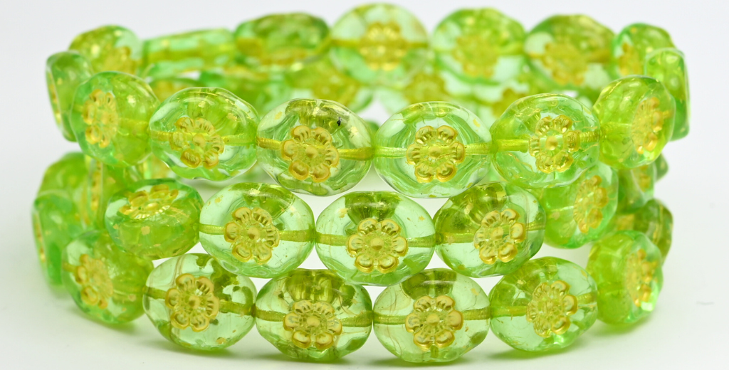 楕円形の押しガラスビーズ(花付き)、透明グリーン 54320 (50500-54320)、ガラス、チェコ共和国