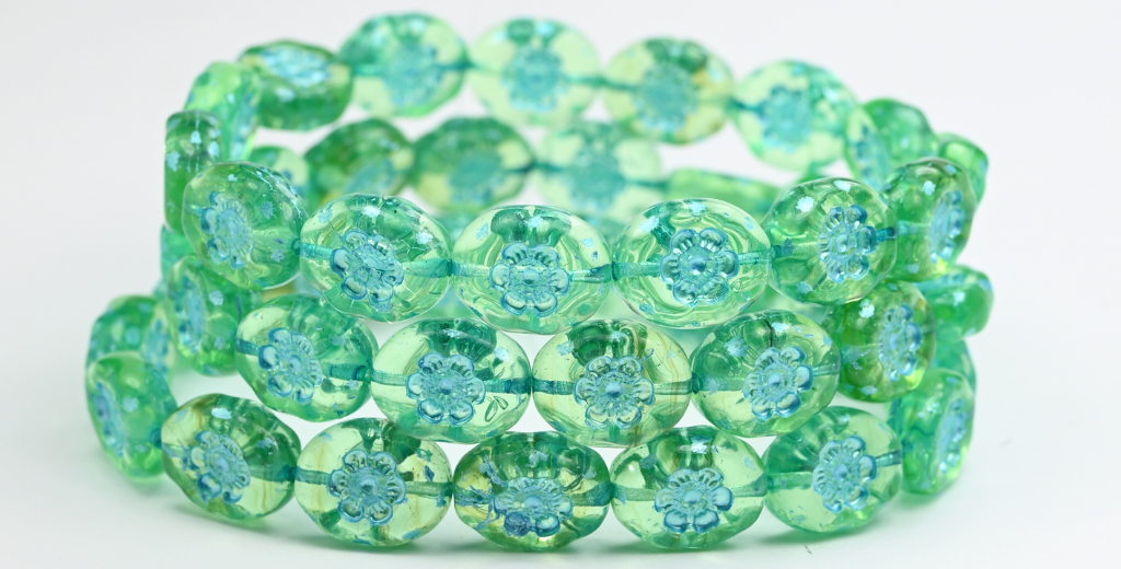 楕円形の押しガラスビーズ(花柄)、透明グリーンブルーライン入り(50500-54323)、ガラス、チェコ共和国