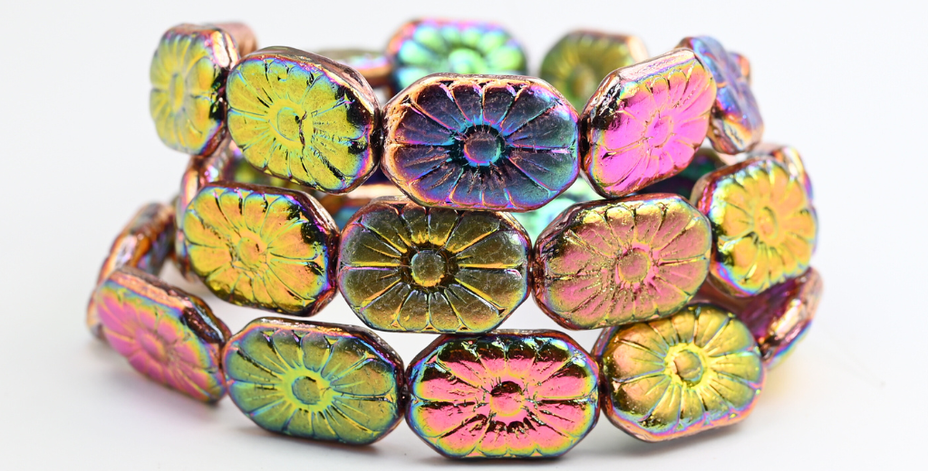 丸みを帯びた長方形の花柄プレスガラスビーズ、クリスタルバイテックス2Xサイド(00030-VITEX-2xSIDE)、ガラス、チェコ共和国