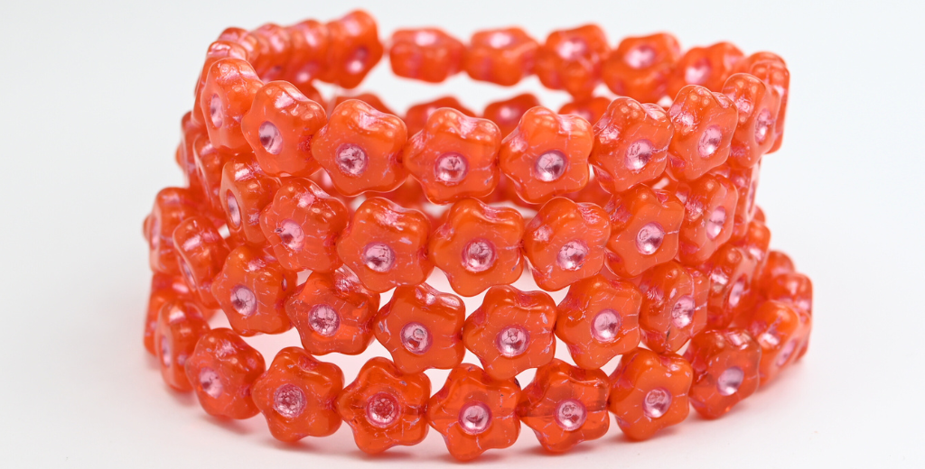 シンプルな花の押しガラスビーズ、オレンジピンクのライン入り(81240-54321)、ガラス、チェコ共和国