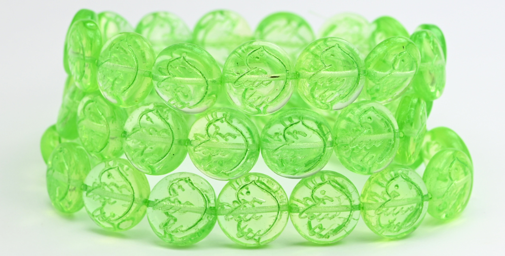 圆形扁珠配小鸟图案,透明绿绿色(50800-43813),玻璃,捷克共和国