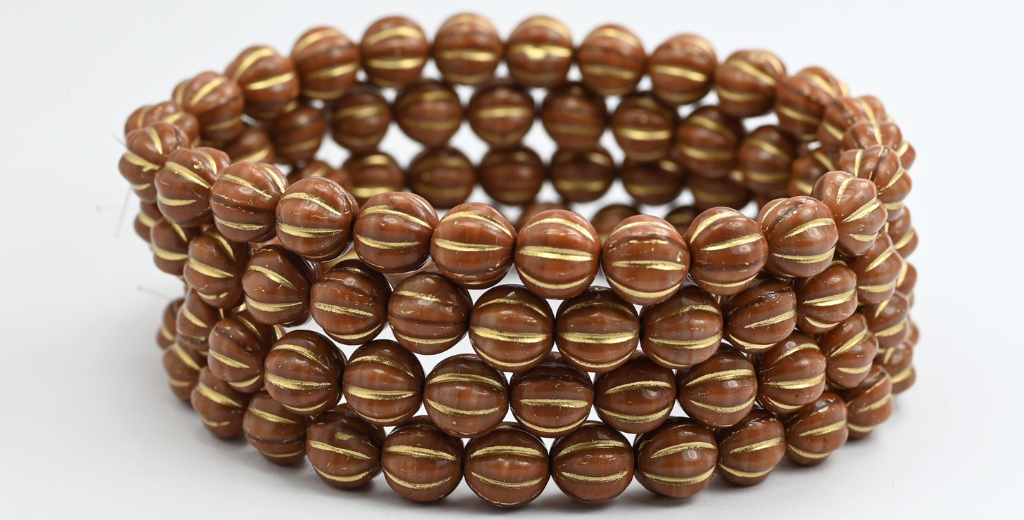 带条纹的瓜圆形压制玻璃珠,13620 金色内衬 (13620-54202),玻璃,捷克共和国