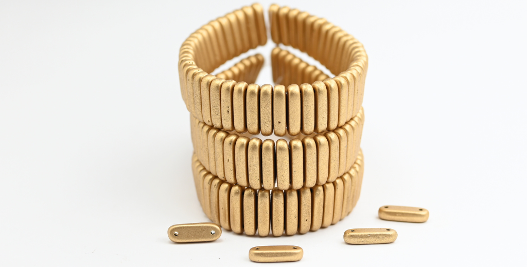 2穴長方形ビーズ、ブラックアステカペールゴールド(23980-01710)、ガラス、チェコ共和国