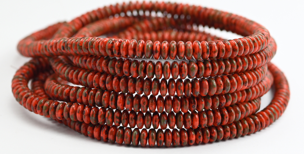 フラットラウンドホイールプレスガラスビーズ、ディープオレンジトラバーチン(93140-86800)、ガラス、チェコ共和国