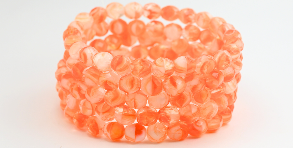 ファイアポリッシュラウンドファセットビーズ、オレンジミックスカラー(オレンジミックス)、ガラス、チェコ共和国