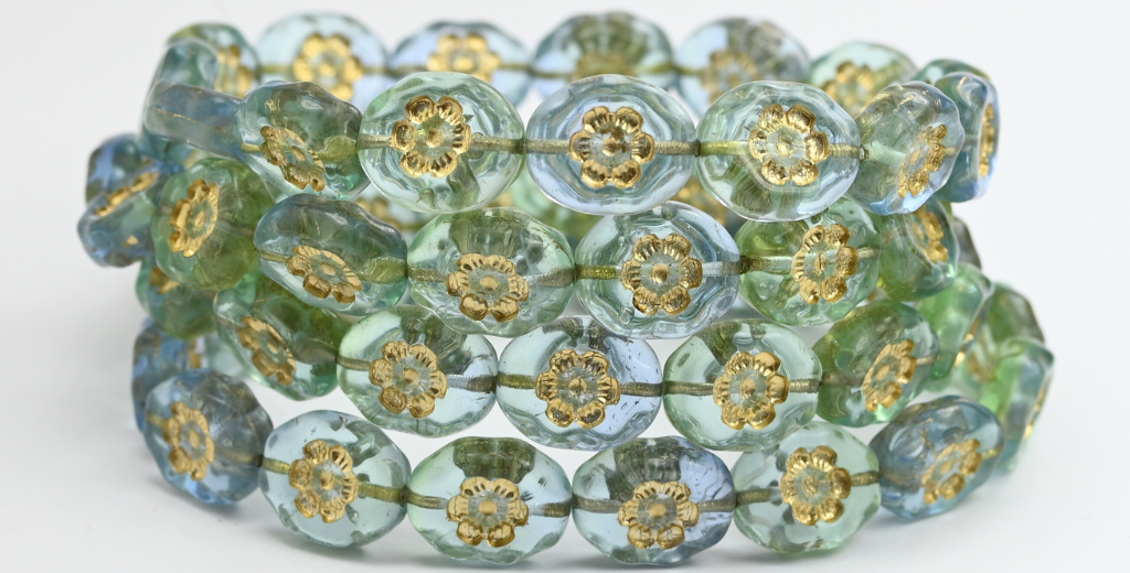 Oval Pressed Glass Beads With Flowers, Mix Yellow Blue Gold Lined (87301-54202), Glass, Czech Republic