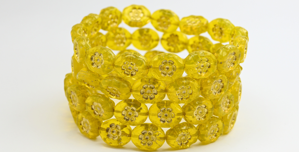 楕円形の押しガラスビーズ(花付き)、透明イエローゴールドの裏地(80020-54202)、ガラス、チェコ共和国