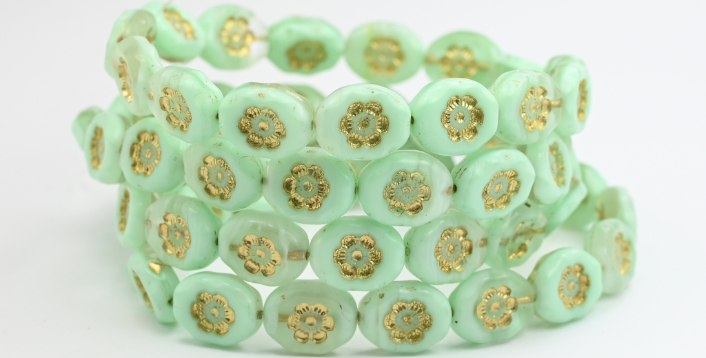 楕円形の押しガラスビーズ(花柄)、不透明グリーン、ゴールドライン(56018-54202)、ガラス、チェコ共和国