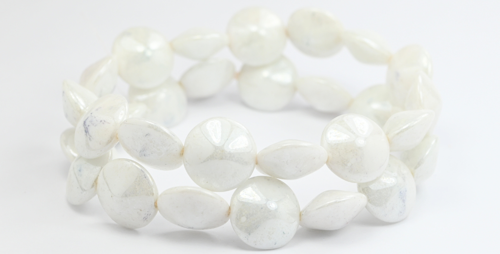 ラウンドロンデルサイドホールビーズ、ホワイトラスタークリーム(02010-14401)、ガラス、チェコ共和国