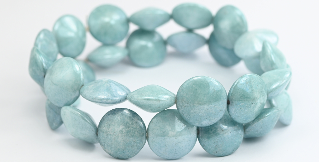 ラウンドロンデルサイドホールビーズ、ホワイトラスターブルーフルコーティング(02010-14464)、ガラス、チェコ共和国